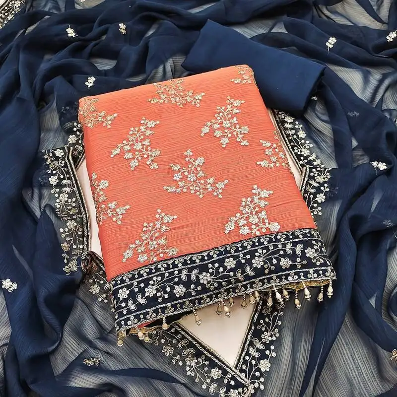 Orange zomata embroidered salwar suit material with contrasting dupatta unstitched