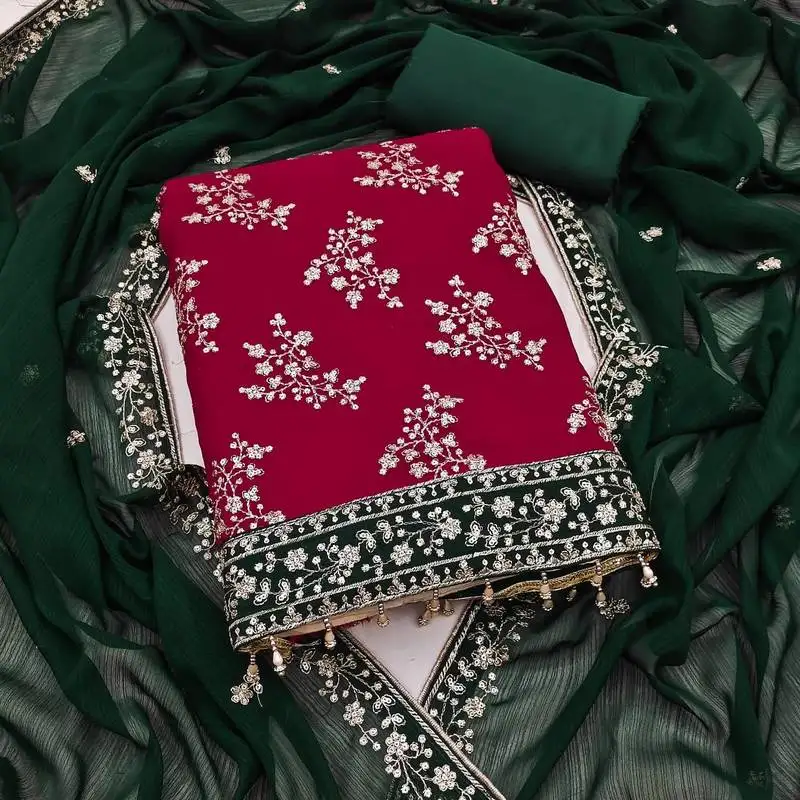 Pink zomata embroidered salwar suit material with contrasting dupatta unstitched