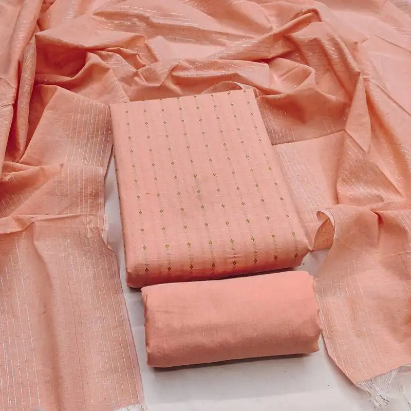 Peach printed cotton salwar suit material with subtle striped dupatta unstitched