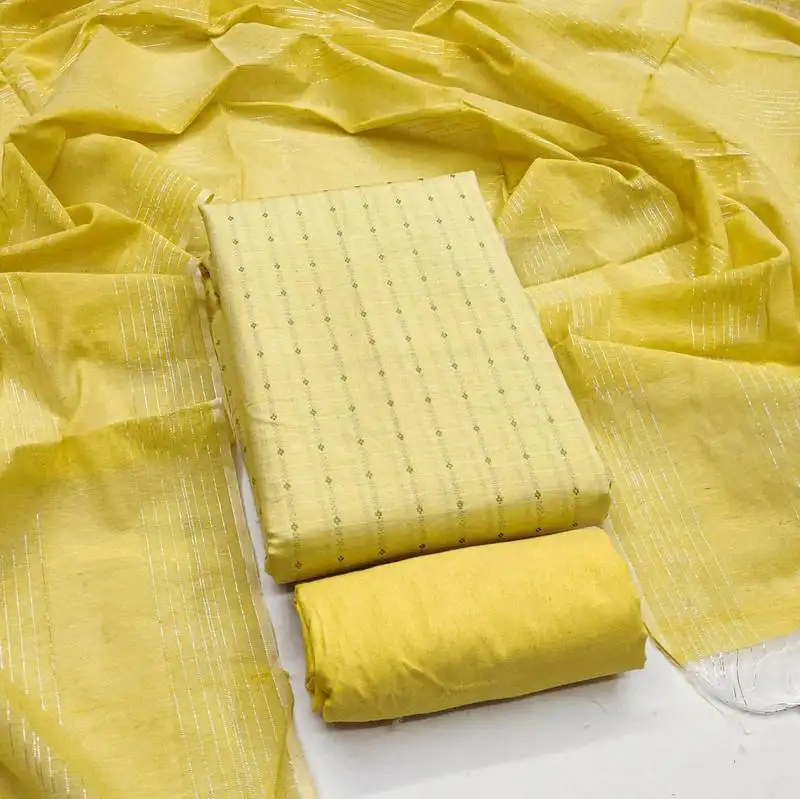 Yellow printed cotton salwar suit material with subtle striped dupatta unstitched