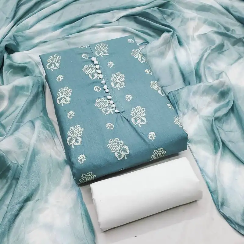 Aqua blue floral cotton salwar suit material with tie-dye dupatta unstitched