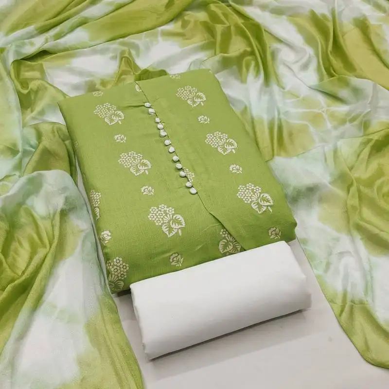 Light green floral cotton salwar suit material with tie-dye dupatta unstitched