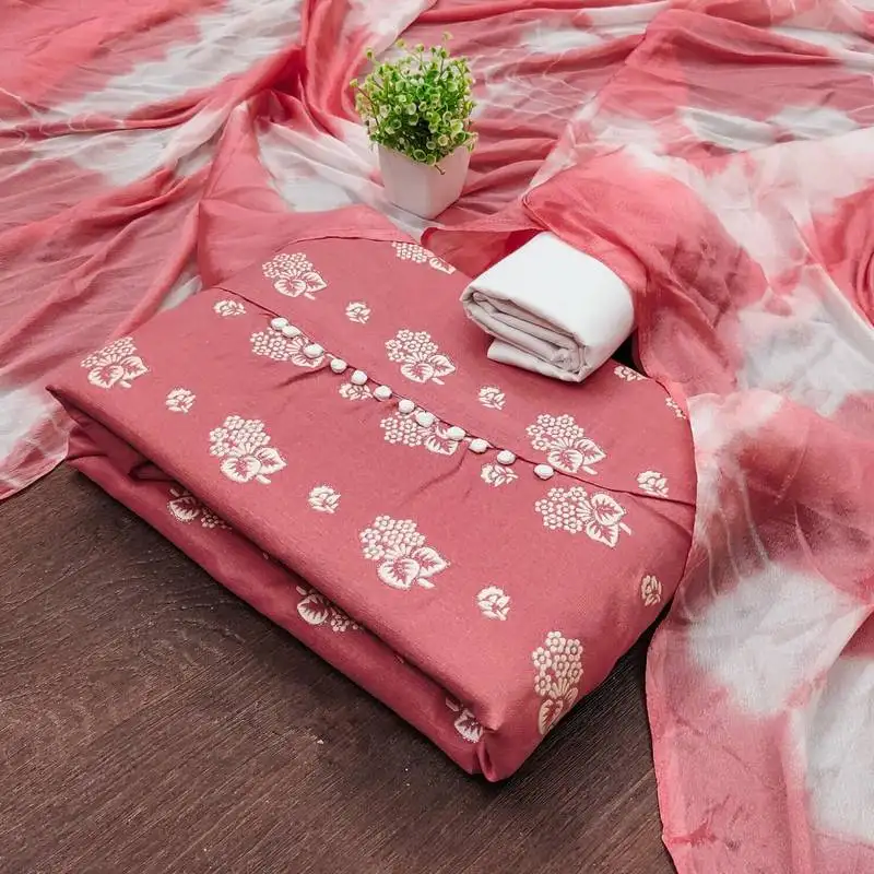 Peach floral cotton salwar suit material with tie-dye dupatta unstitched