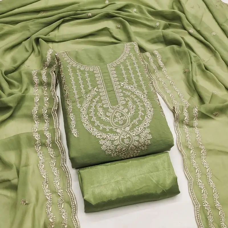 Green georgette embroidered salwar suit material with santoon bottom unstitched