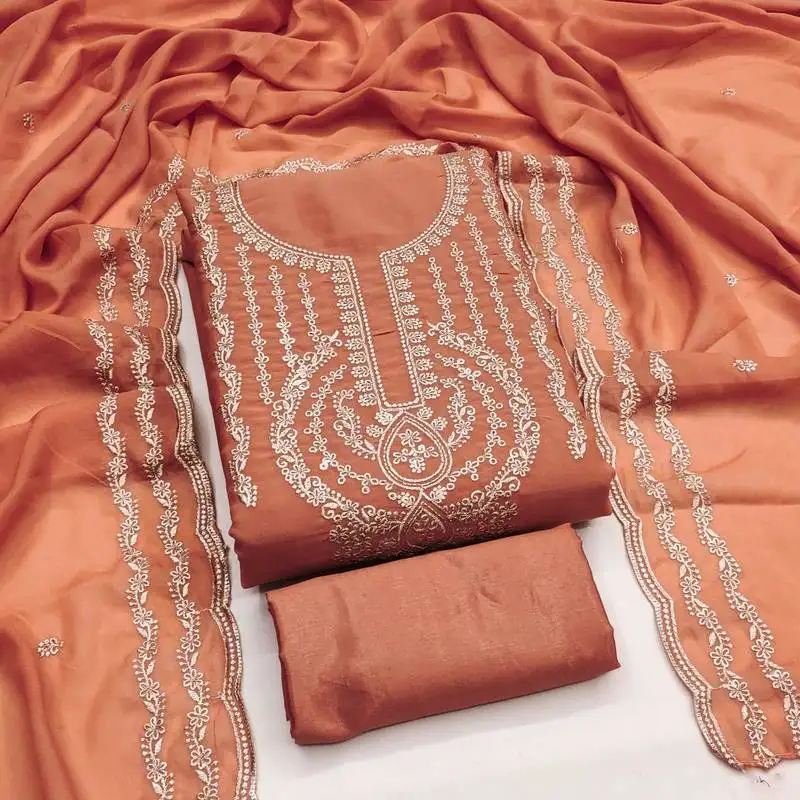 Orange georgette embroidered salwar suit material with santoon bottom unstitched