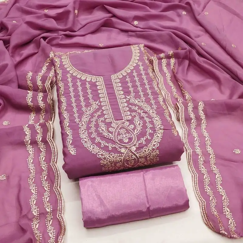 Pink georgette embroidered salwar suit material with santoon bottom unstitched