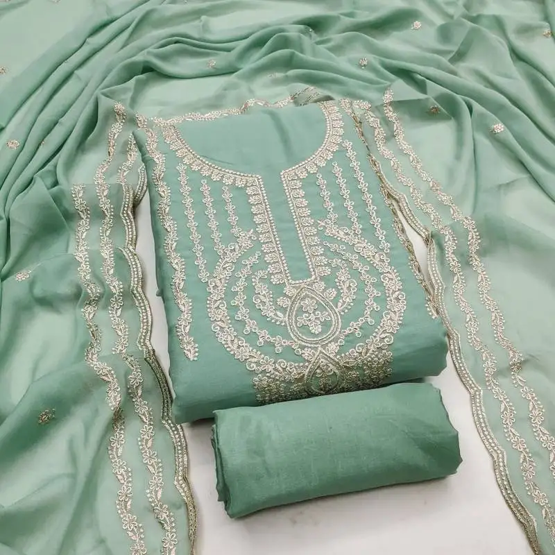 Pista green georgette embroidered salwar suit material with santoon bottom unstitched