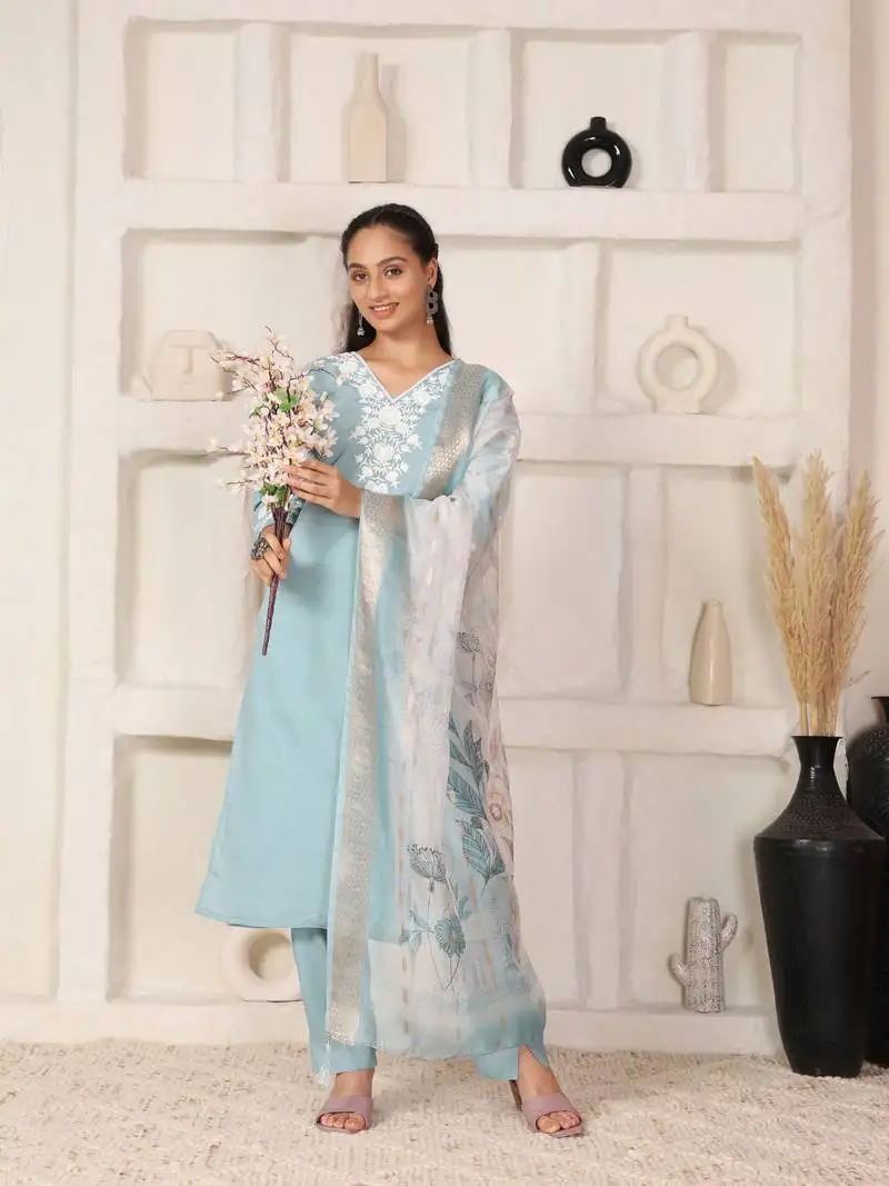 Elegant sea blue chanderi suit set with organza dupatta