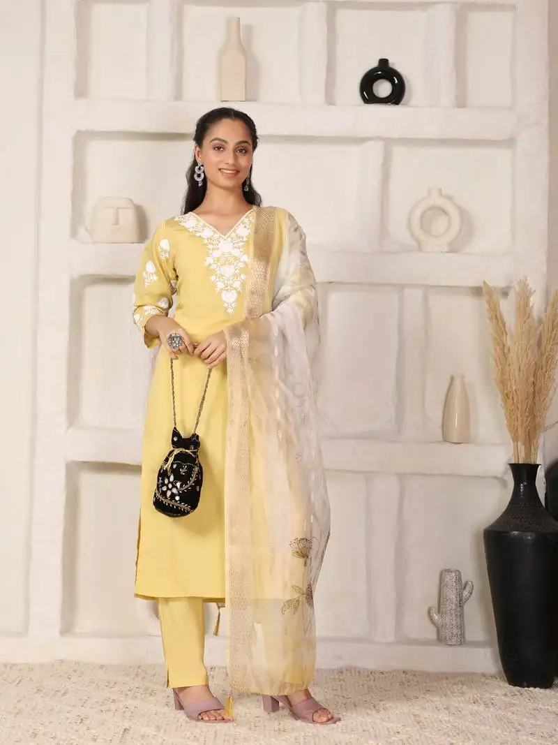 Yellow chanderi suit set with organza dupatta