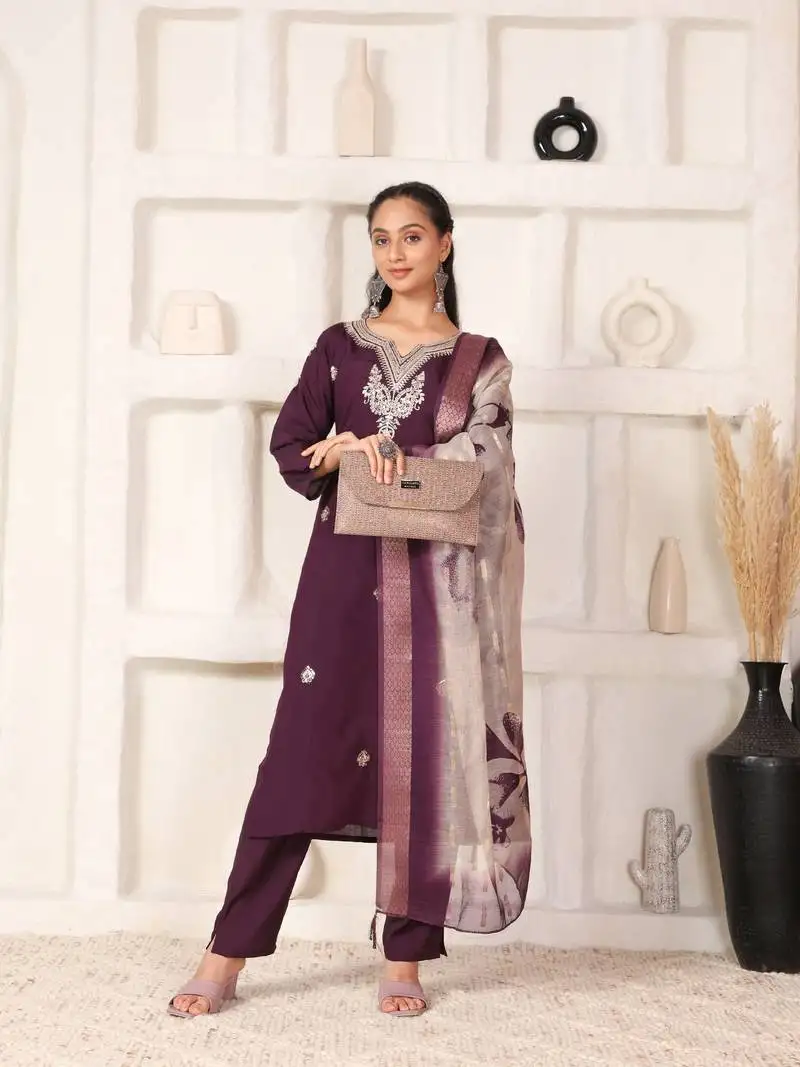 Elegant wine chanderi ensemble with jacquard dupatta