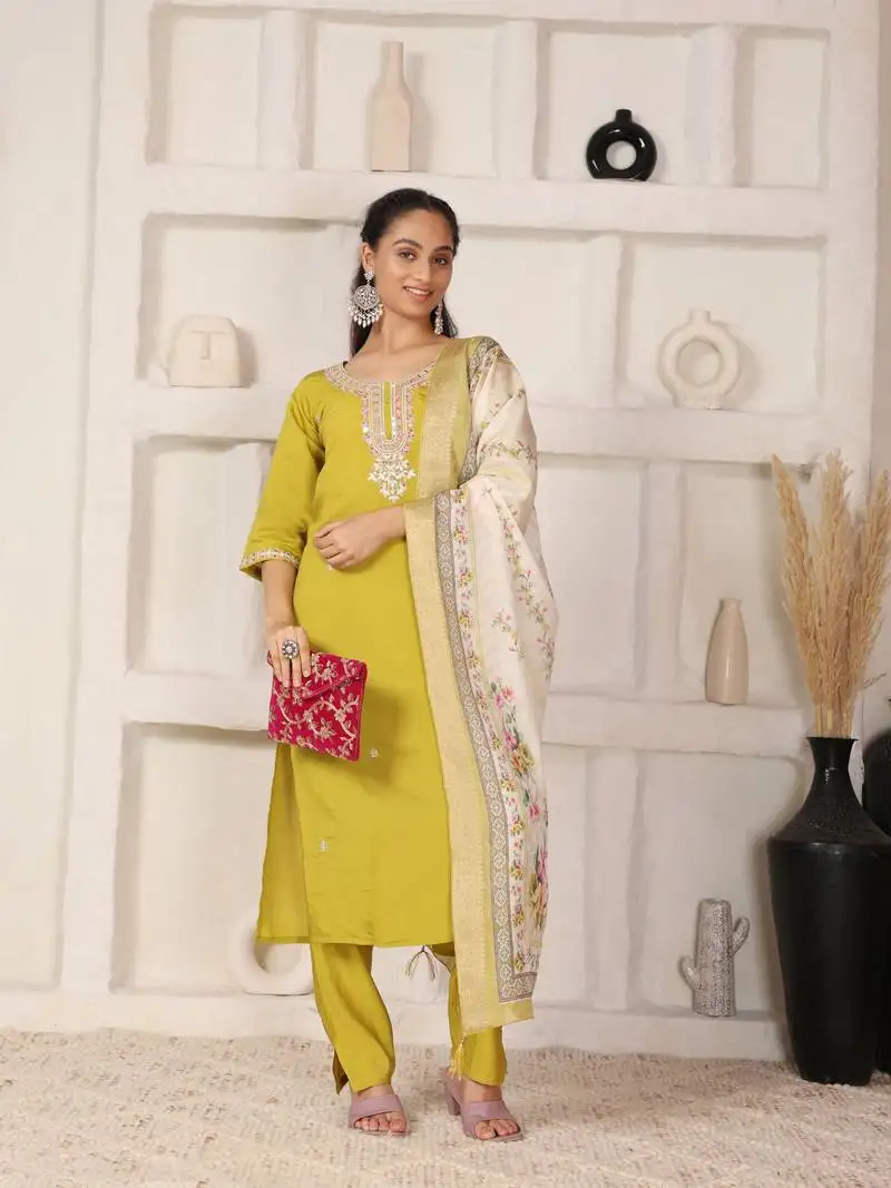 Elegant mustard ethnic set with digital muslin dupatta