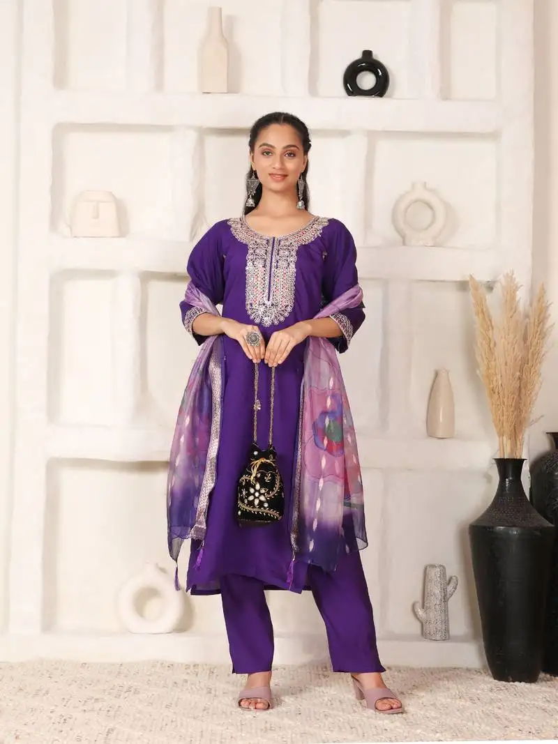 Dark purple chanderi suit with embroidery and organza dupatta