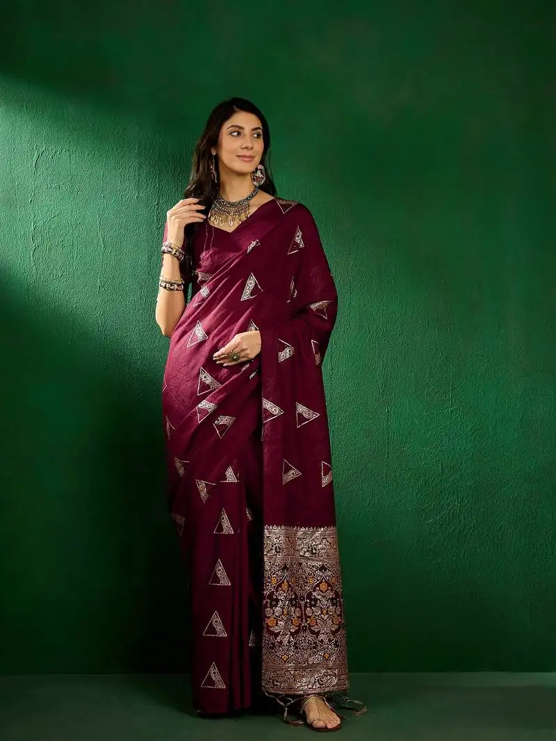 Maroon dola jacquard cotton saree with woven design