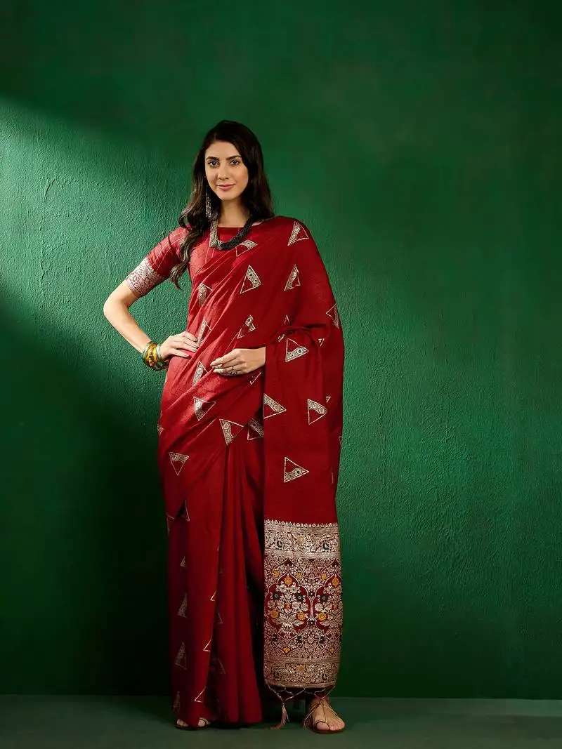 Red dola jacquard cotton saree with woven design