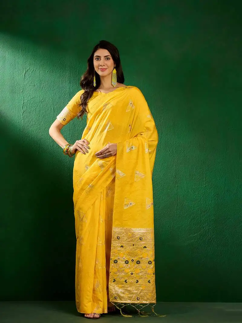 Yellow dola jacquard cotton saree with woven design