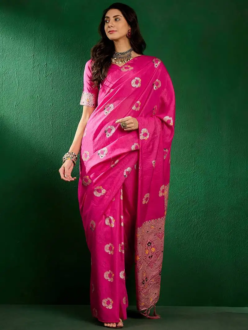 Pink banarasi dola cotton saree with blouse
