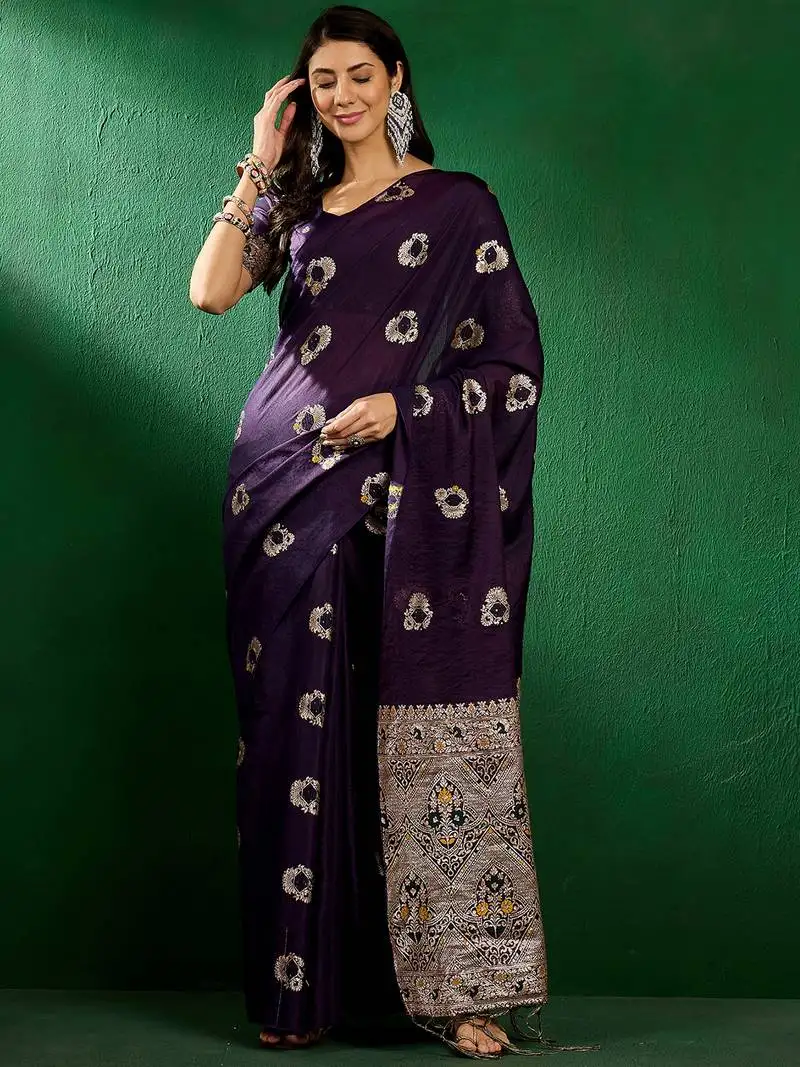 Purple banarasi dola cotton saree with blouse