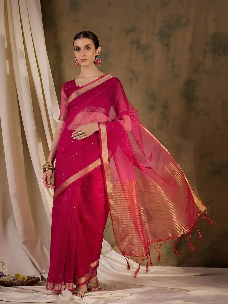 Pink plain organza silk blend saree with blouse