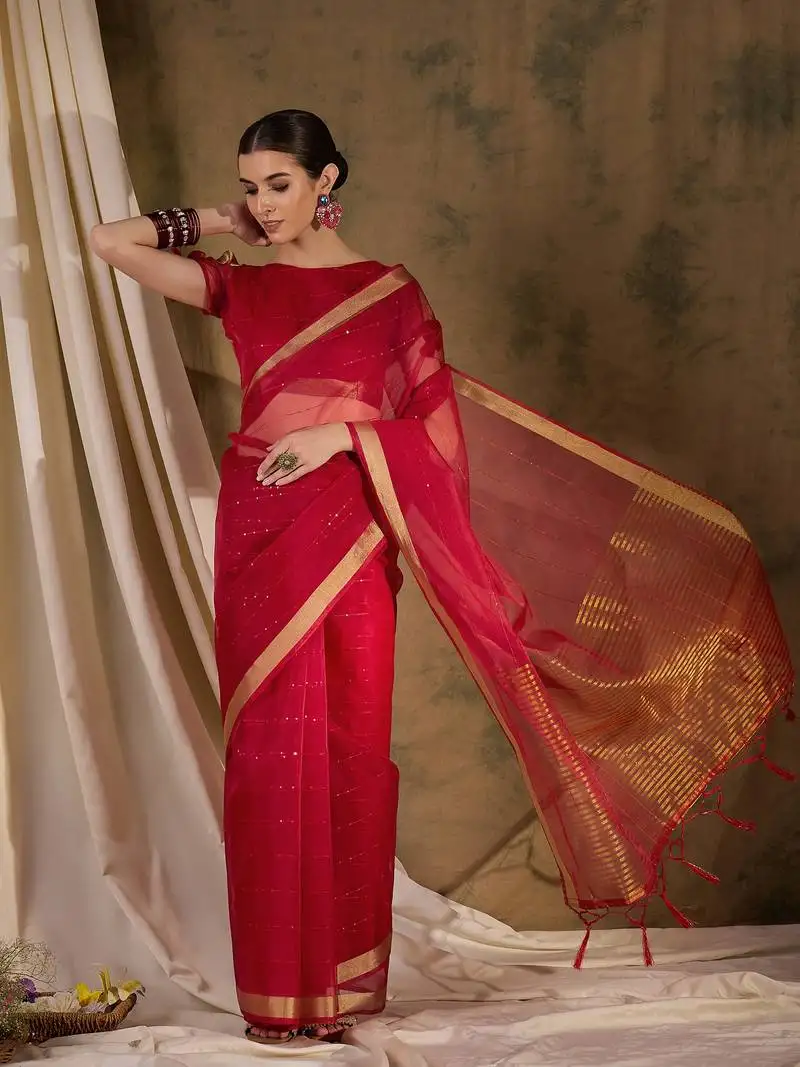 Red plain organza silk blend saree with blouse