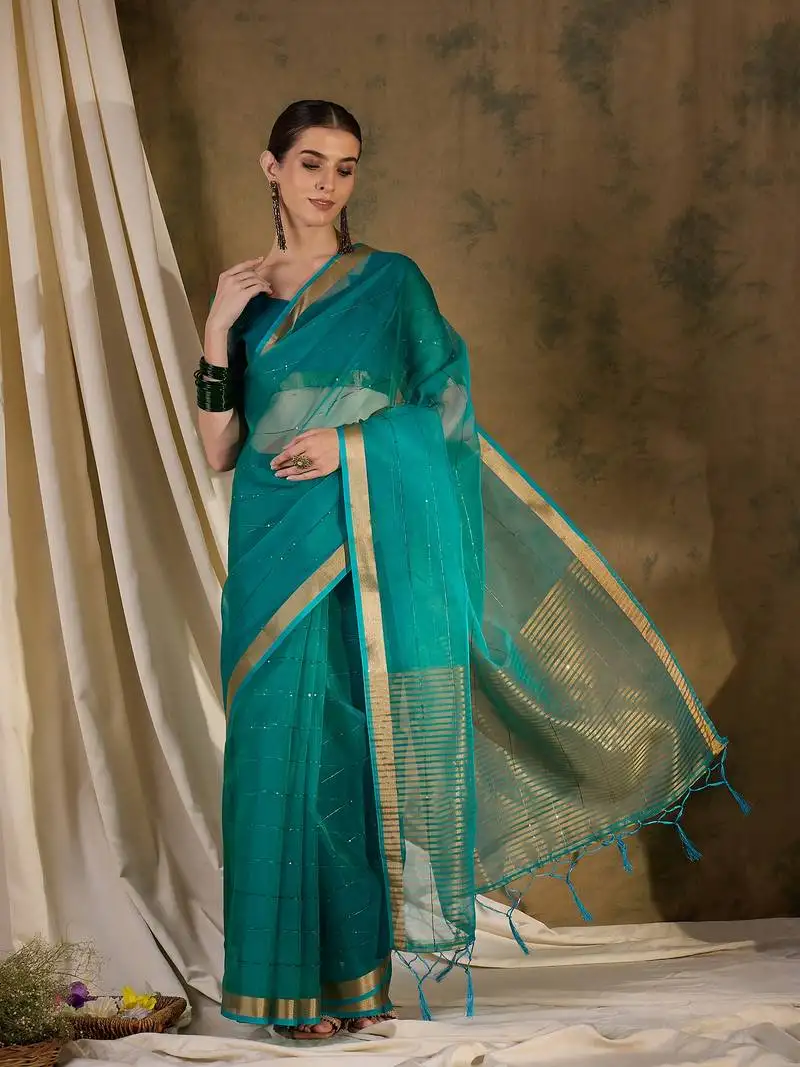 Teal plain organza silk blend saree with blouse