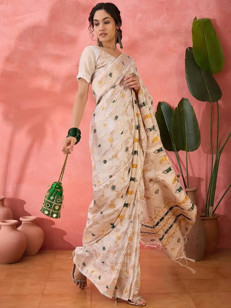Cream banarasi dola cotton saree with blouse