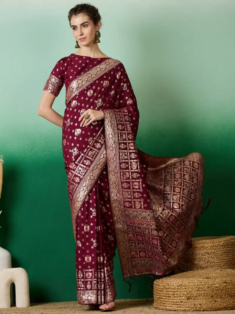 Wine banarasi dola cotton saree with blouse