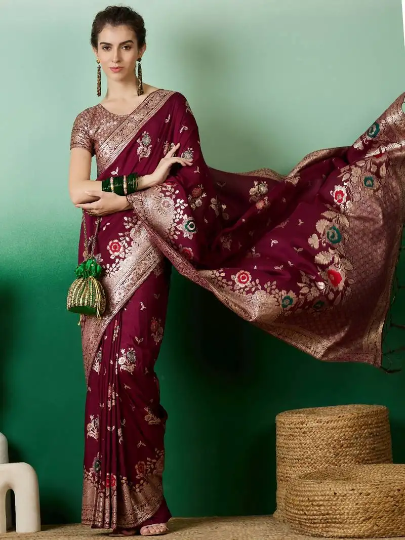 Burgundy banarasi dola cotton saree with blouse