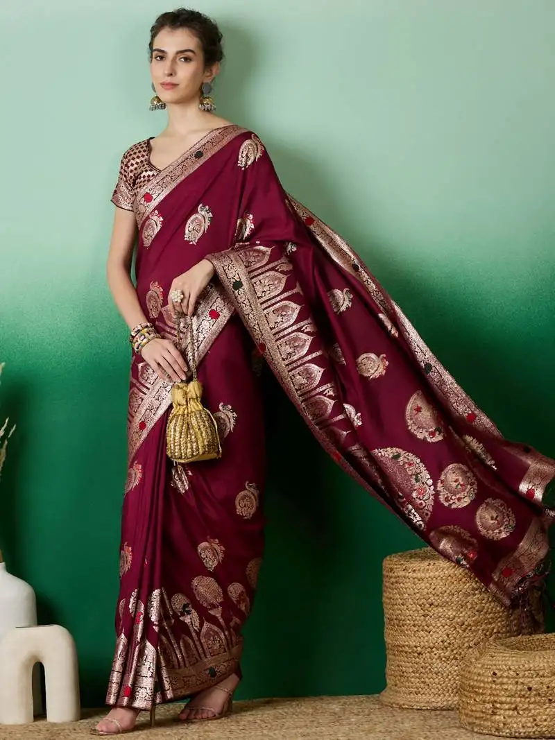 Maroon banarasi dola cotton saree with blouse