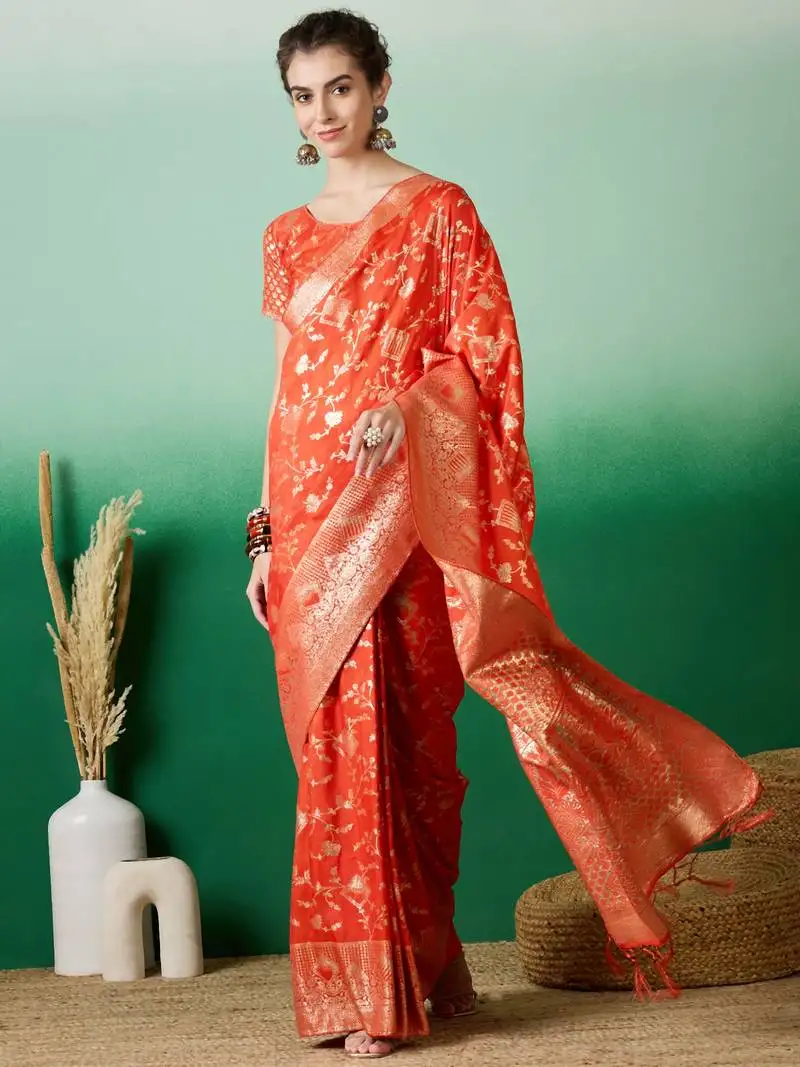 Orange banarasi dola cotton saree with blouse