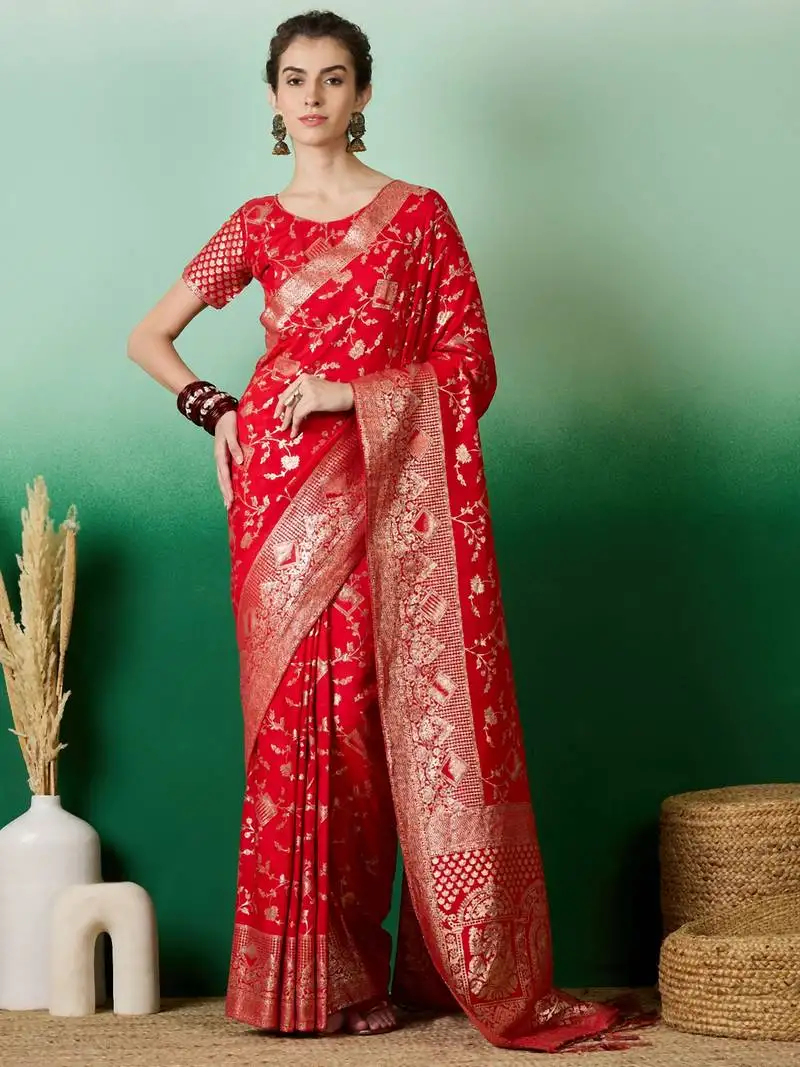 Red banarasi dola cotton saree with blouse