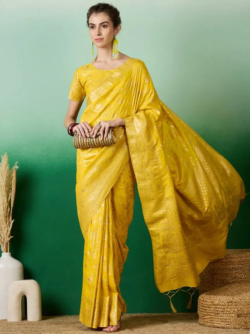 Yellow banarasi dola cotton saree with blouse