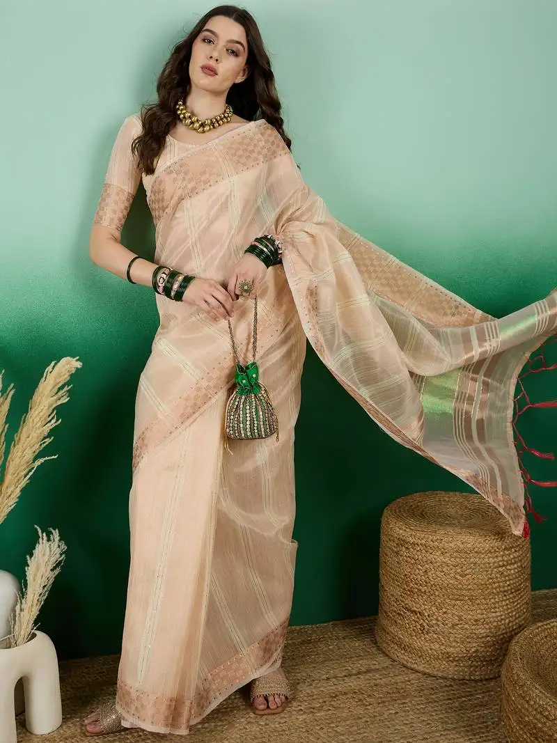 Beige khadi organza saree with blouse