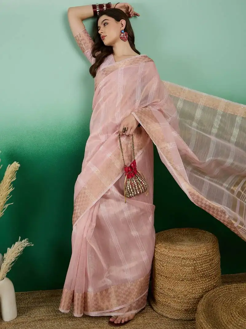 Pink khadi organza saree with blouse