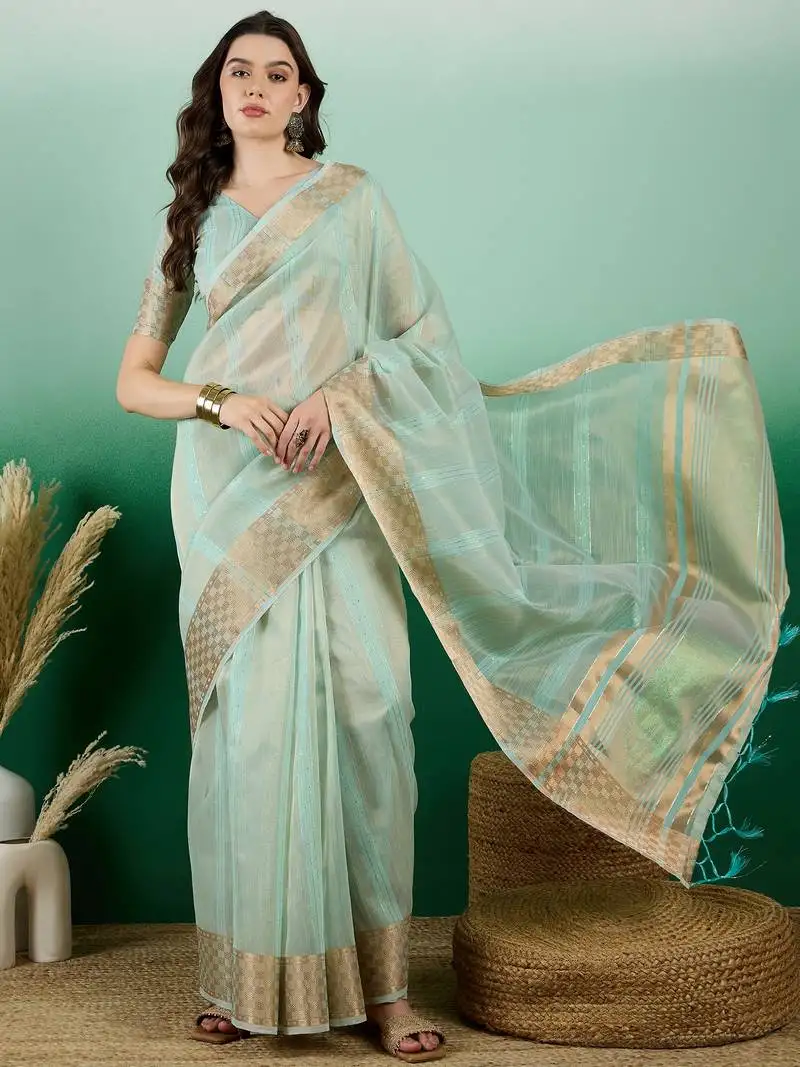 Sea green khadi organza saree with blouse