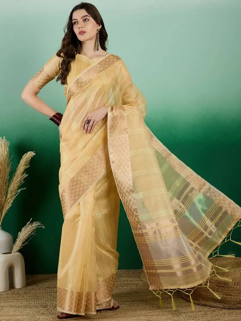 Yellow khadi organza saree with blouse