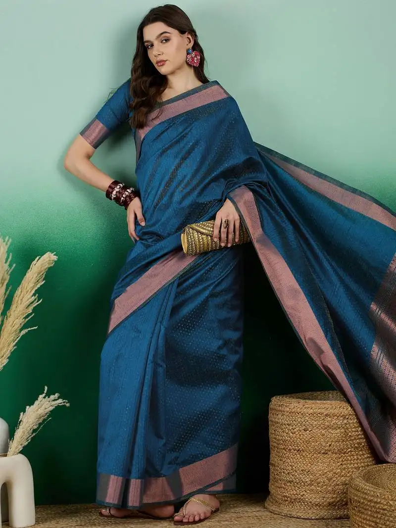 Teal khadi organza saree with blouse