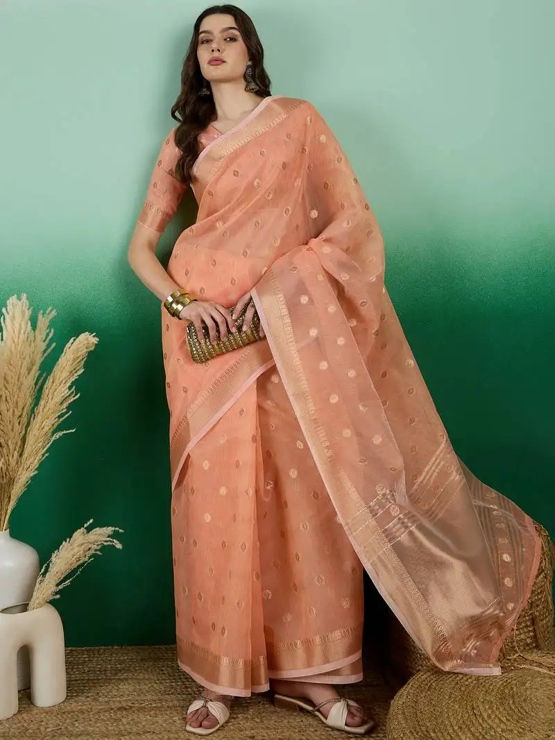 Orange khadi organza saree with blouse