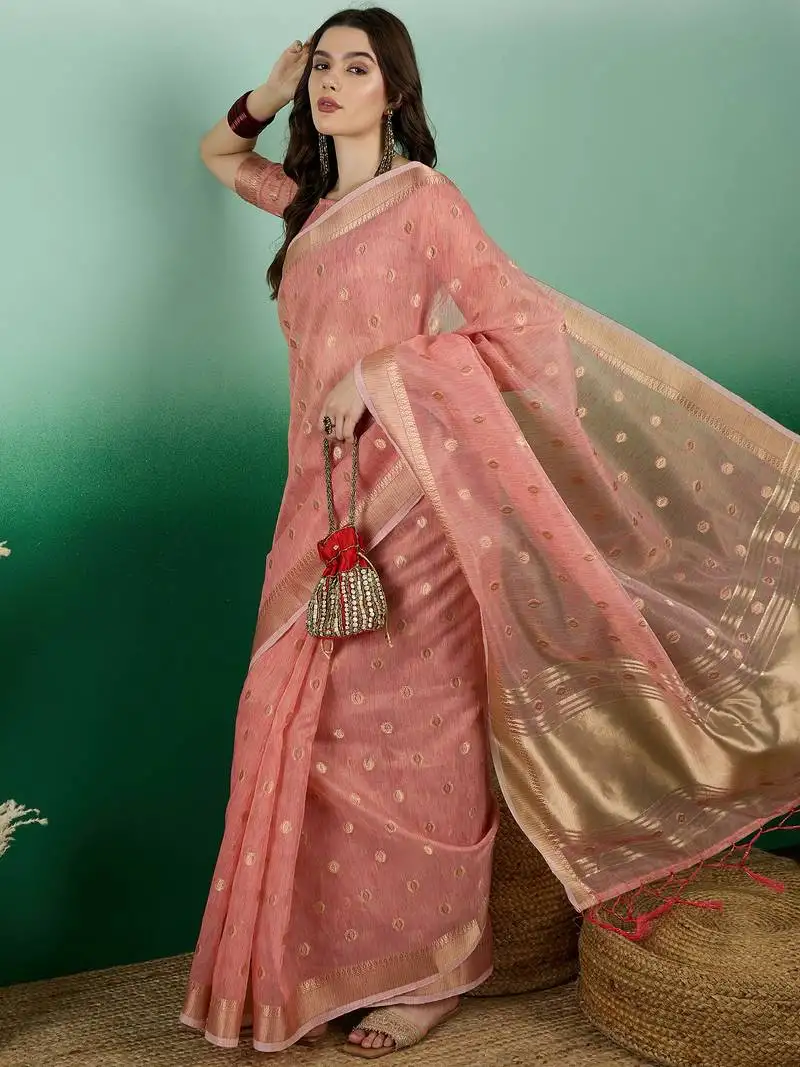 Peach khadi organza saree with blouse