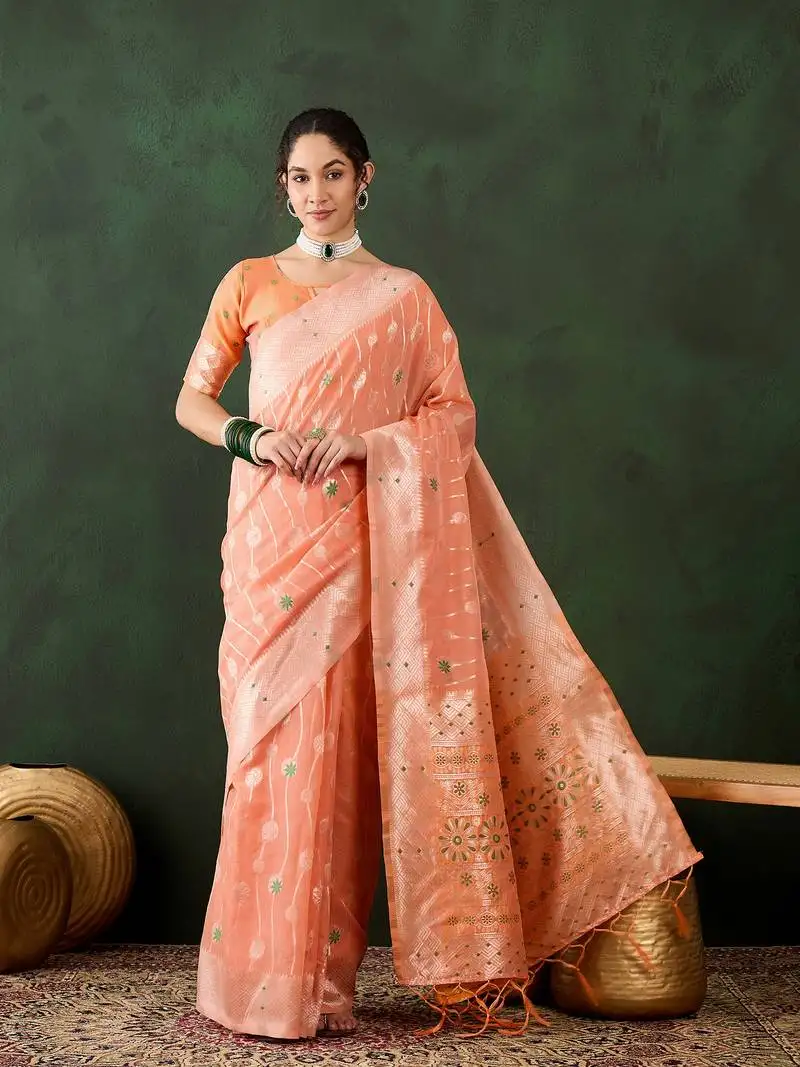 Orange poly cotton jacquard saree