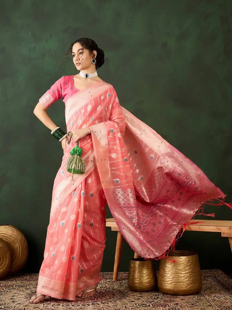Peach poly cotton jacquard saree