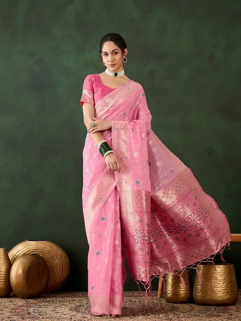 Pink poly cotton jacquard saree