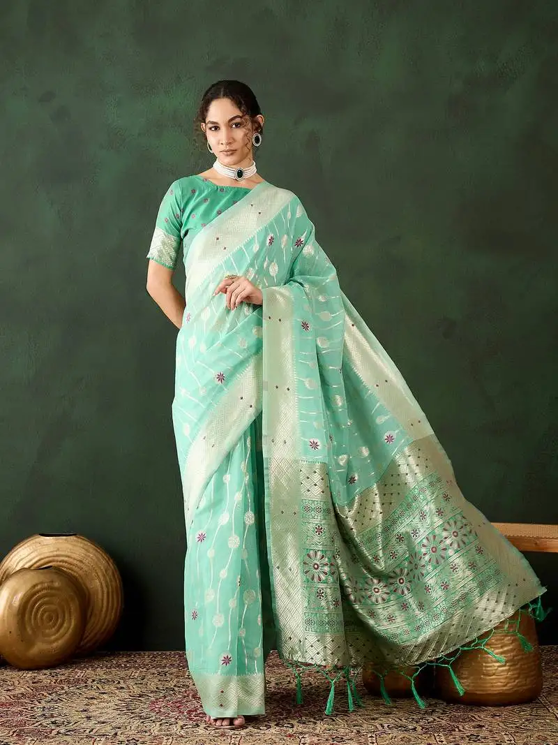 Sea green poly cotton jacquard saree