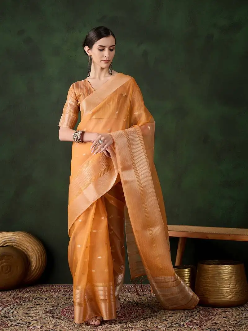 Orange khadi organza jacquard saree