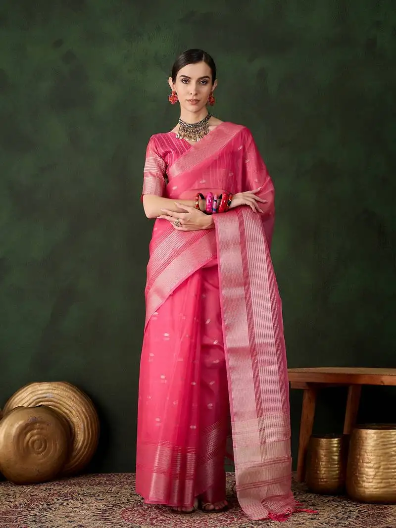 Pink khadi organza jacquard saree