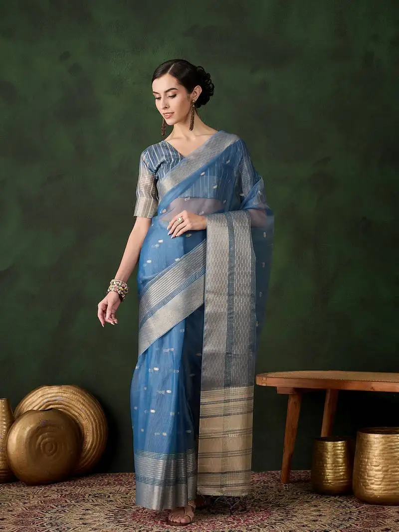 Teal khadi organza jacquard saree