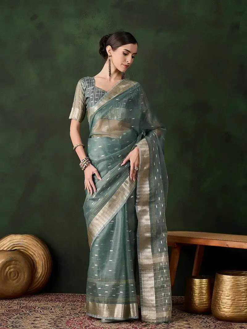 Green khadi organza jacquard saree