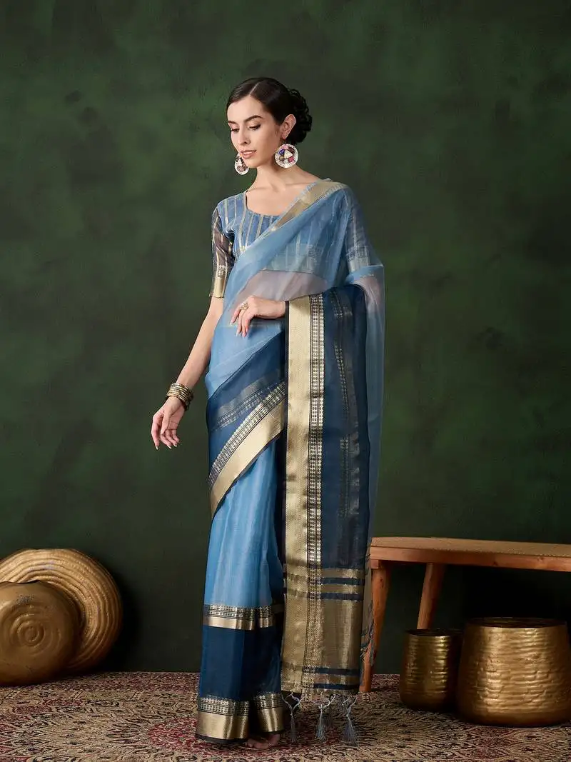 Blue khadi organza jacquard saree