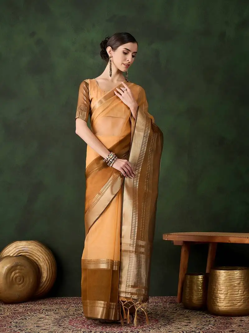 Yellow khadi organza jacquard saree