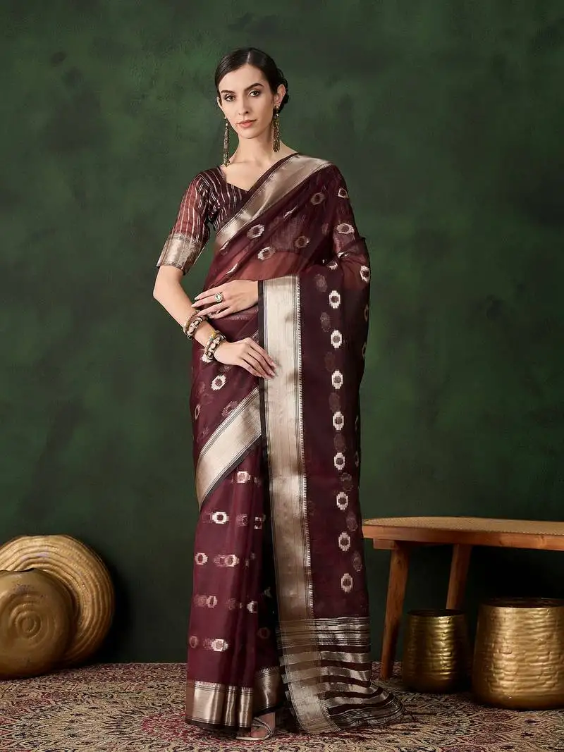 Burgundy khadi organza jacquard saree