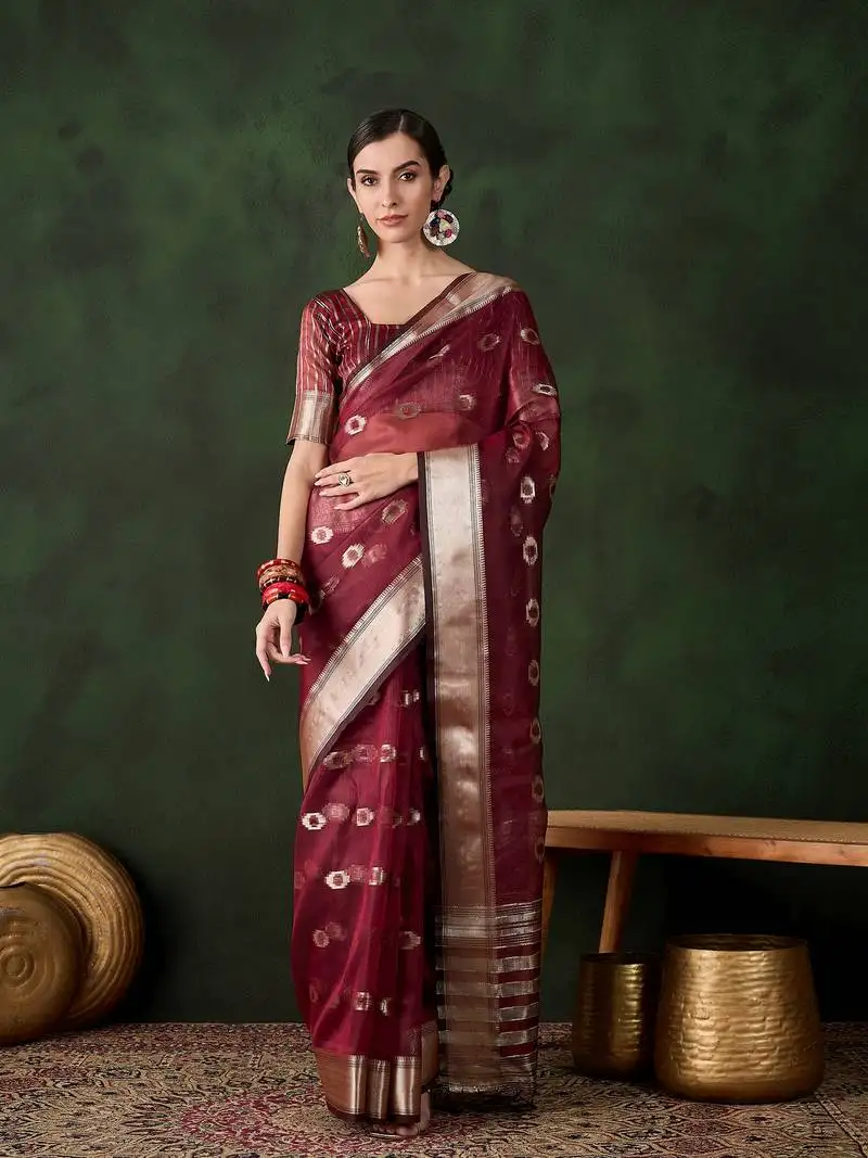 Maroon khadi organza jacquard saree